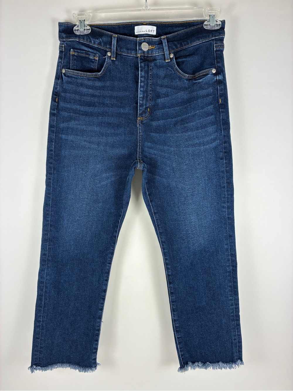 LOFT High Rise The Straight Crop Jeans Size 12 Dark Wash Raw Hem Stretch